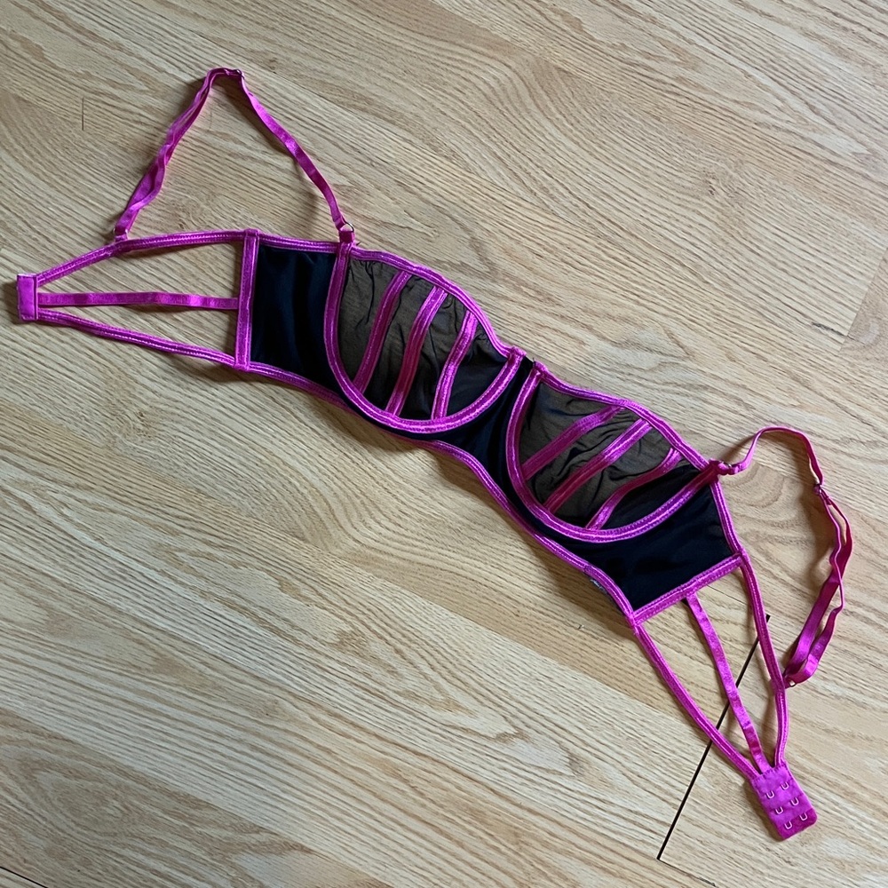 Dolls Kill Hot Pink and Black Strappy Bra
